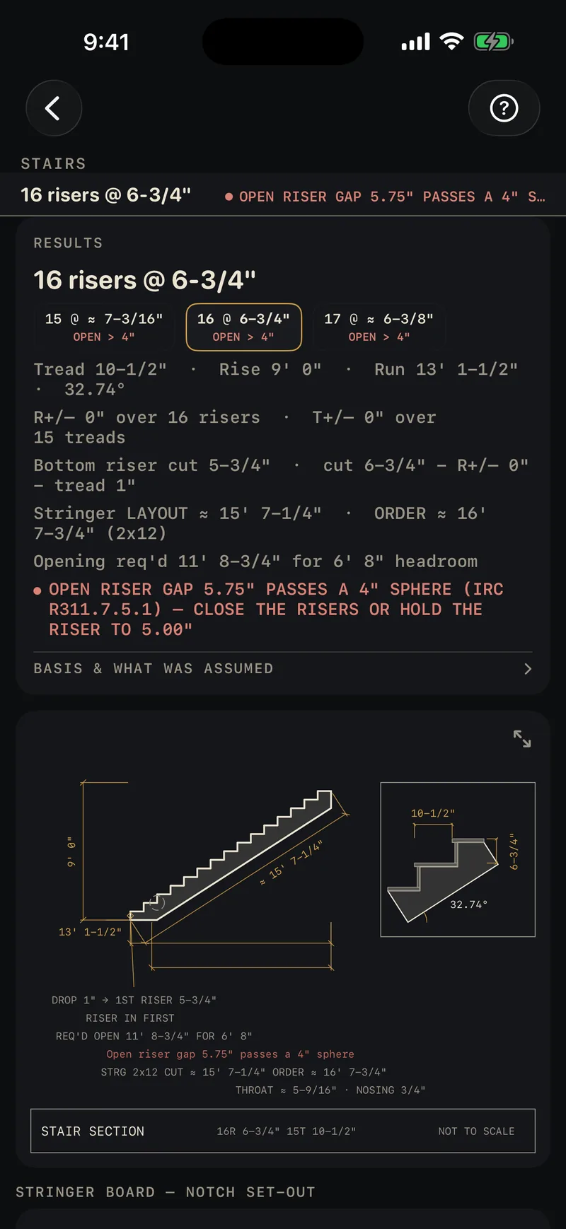 Housewright Calc: a stair calculation with the stringer drawn and a code check flagged in red